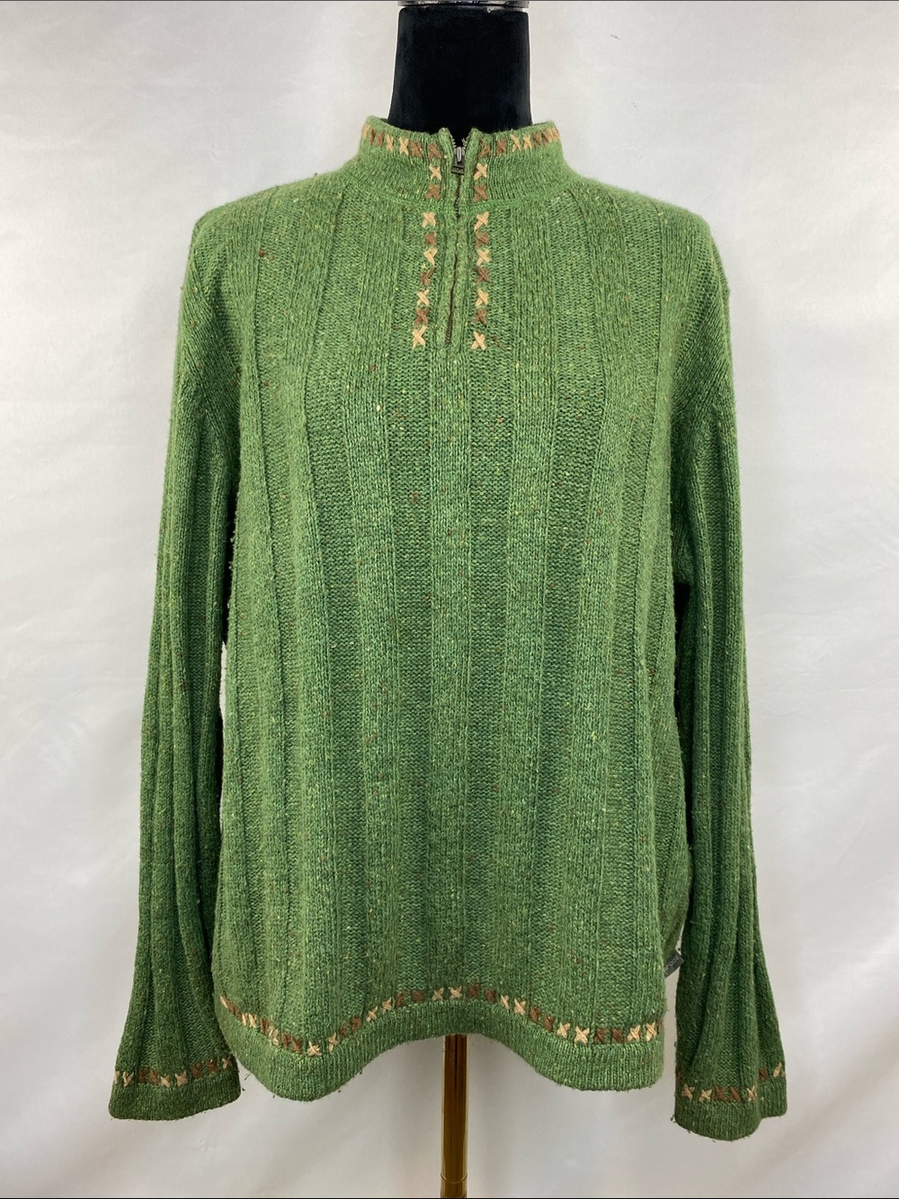 Woolrich Moss Heather Green Wool Embroidered Quarter Zip Mock Neck Sweater XL